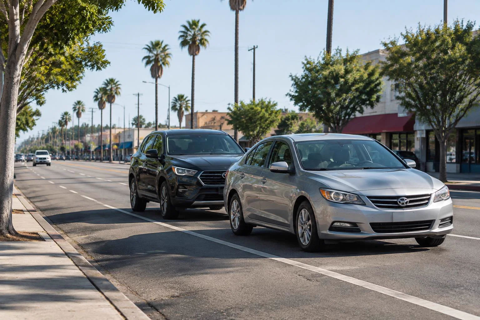Cars traveling on a palm-lined boulevard in Huntington Park, California
