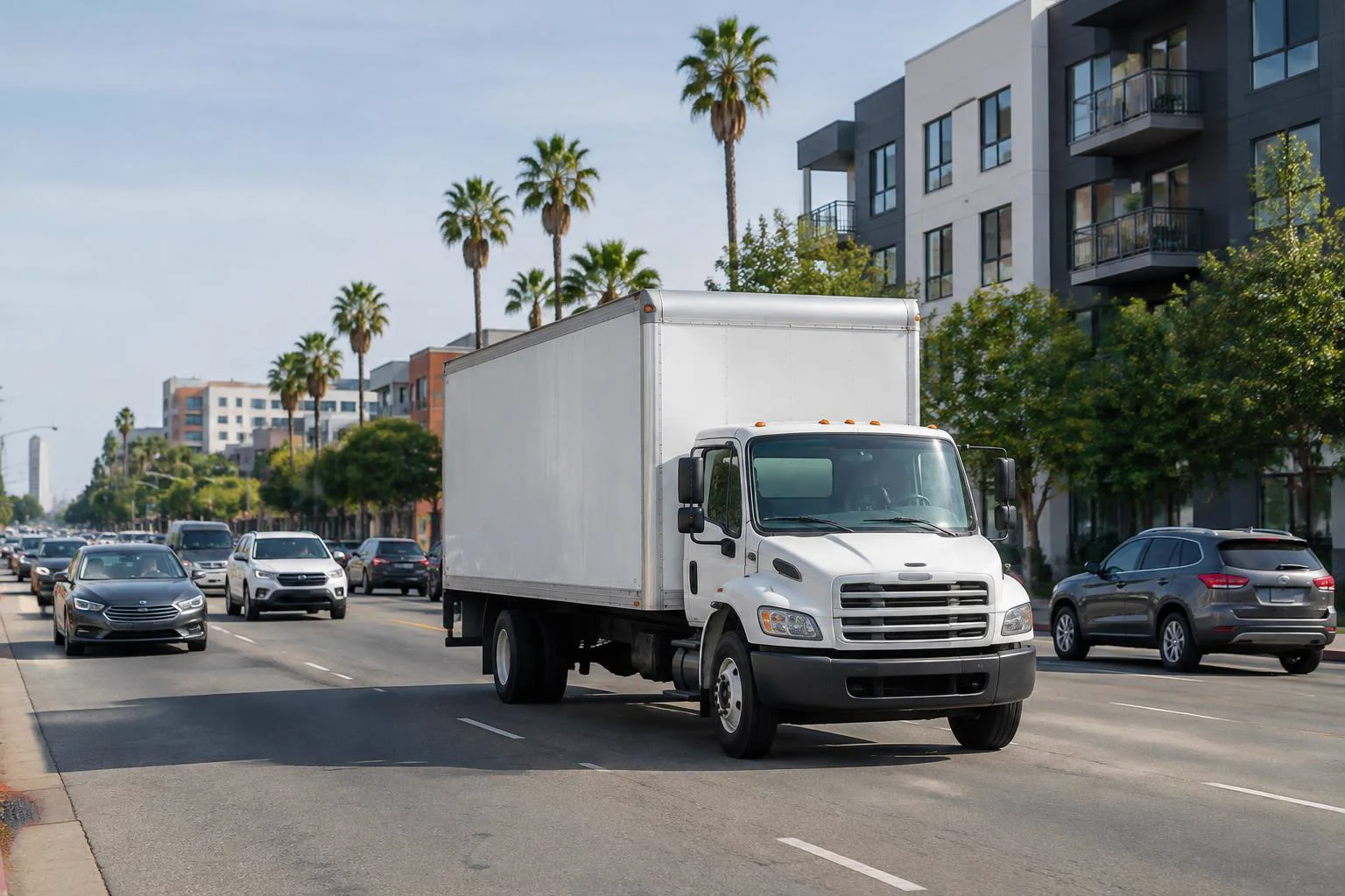 Commercial truck traveling on a busy Mid-City Los Angeles boulevard